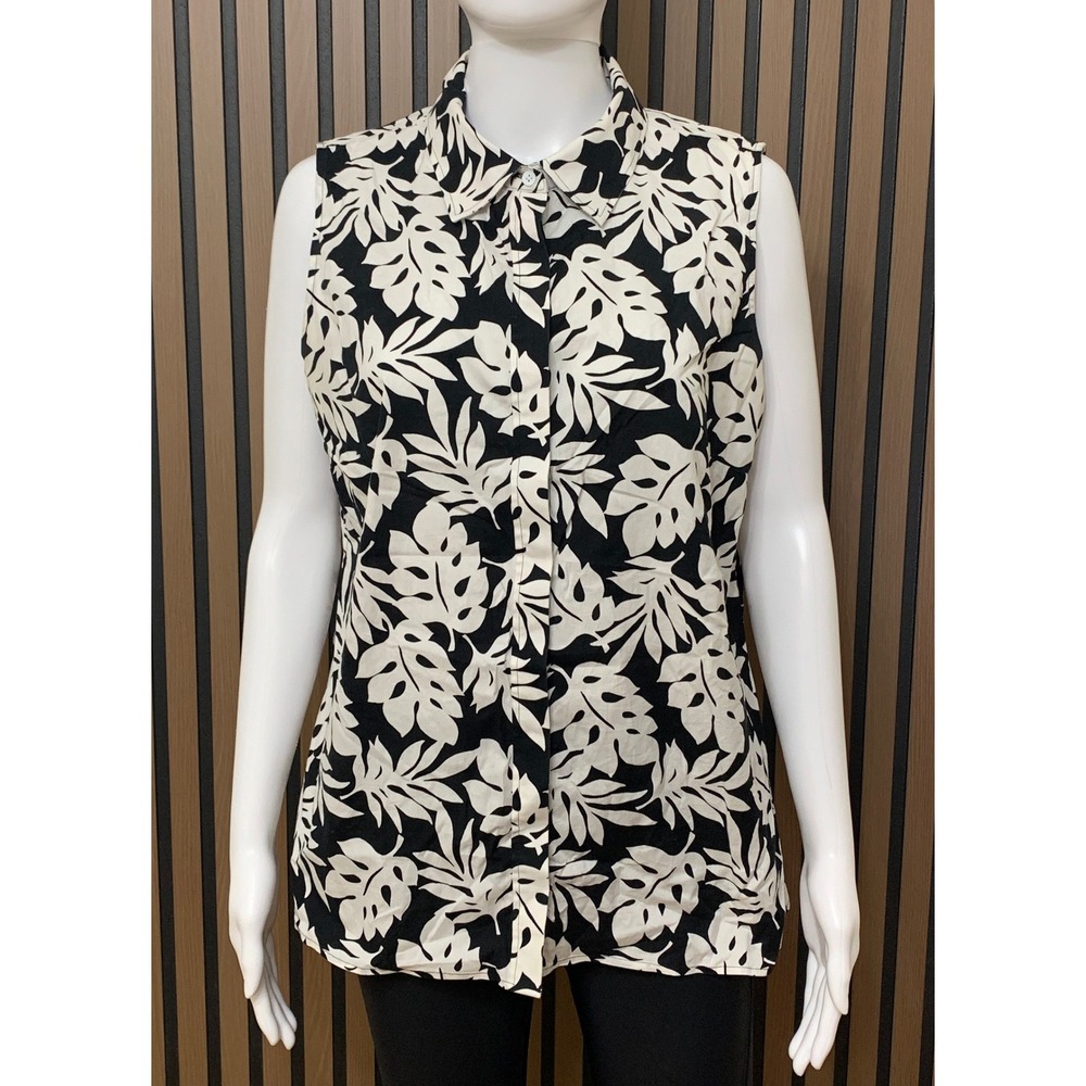 Talbots Sleeveless Button Down Shirt 14 Black White Tropical Monstera Leaf Print